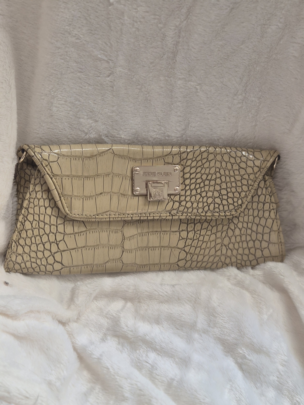 Anne Klein Croc Embossed Envelope Clutch Neutral Beige